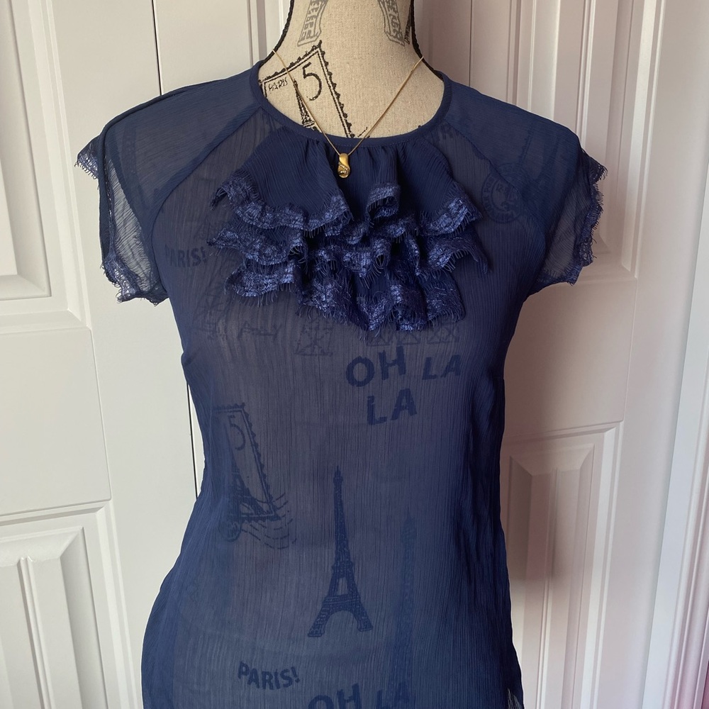 Ricki's Blue Ruffled Sheer Bib Collar Blouse